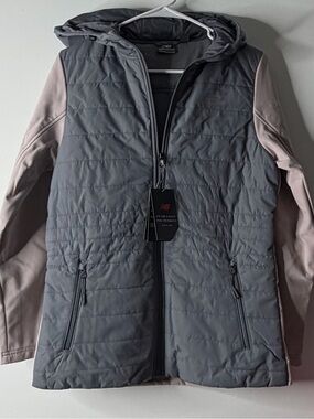 New Balance Women's Gray Quilted Hooded Jacket with Pink Sleeves